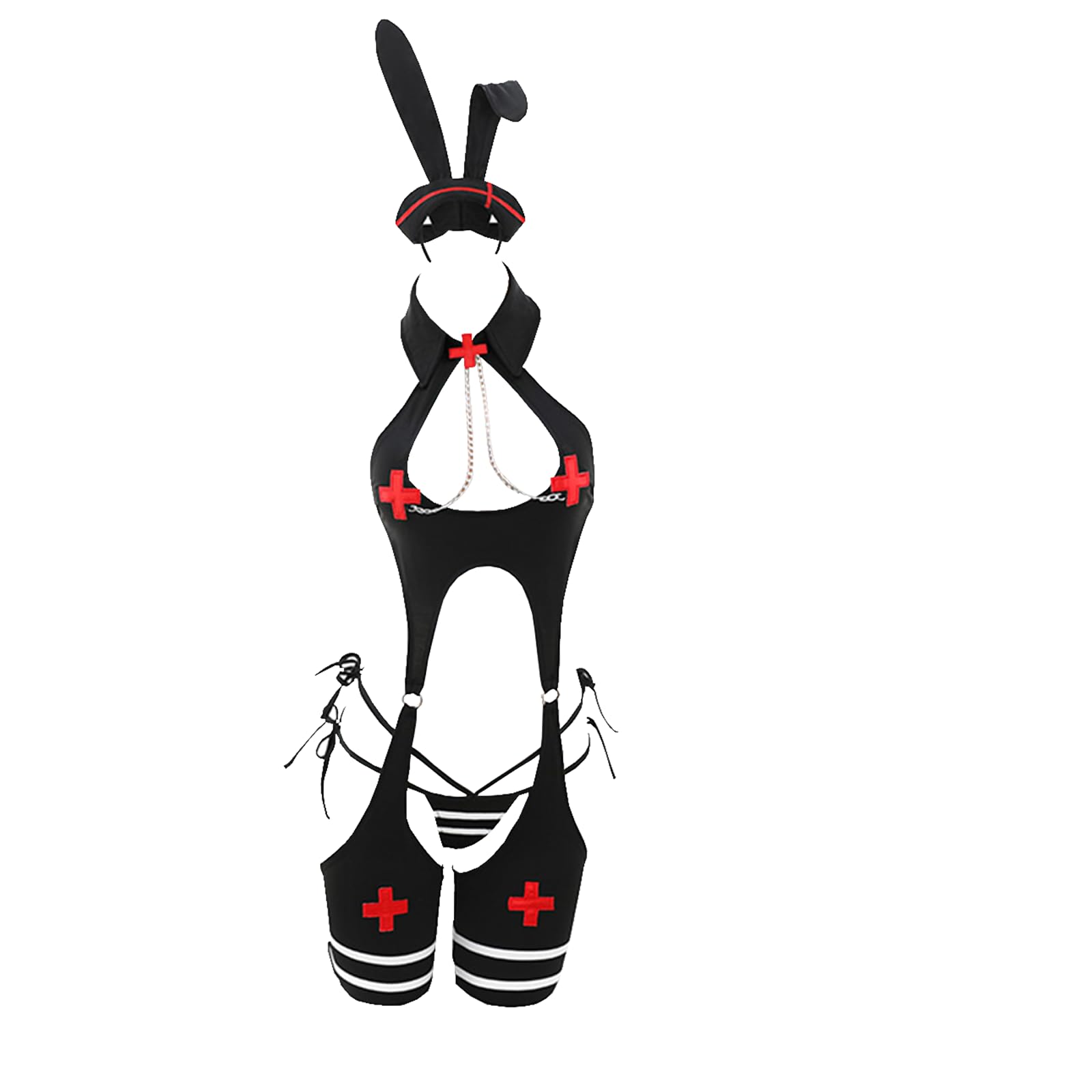 JFCK - Disfraz de conejito para mujer, disfraz de enfermera traviesa, disfraz de médico, uniforme de cosplay, disfraz de rol de anime, conjunto de medias
