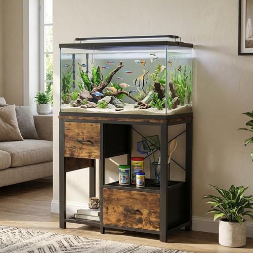 Image of Garvee 20-29 Gallon Fish Tank Stand with Power Outlets, Heavy Duty Metal and Wood Aquarium Stand with 4-Tier Open Storage Shelves and Sturdy Legs