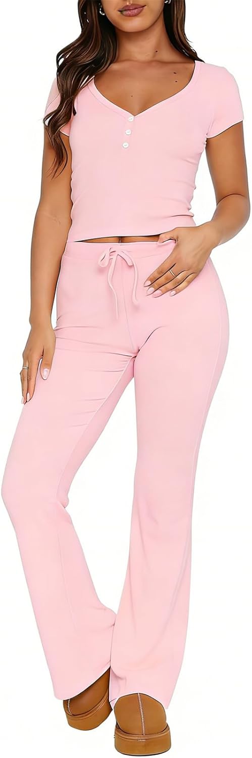 ForeFair Women's Ribbed Knit 2 Piece Pajama Set Short Sleeve V Neck Button Crop Top And Flare Long Pants PJ Set Sleepwear