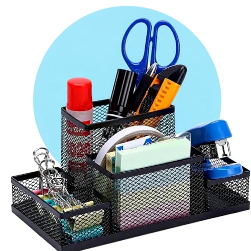 Organizador de Mesa Premium Aramado Preto 4 Divisórias Caneta Lápis Clips Escritório Home Office Escola