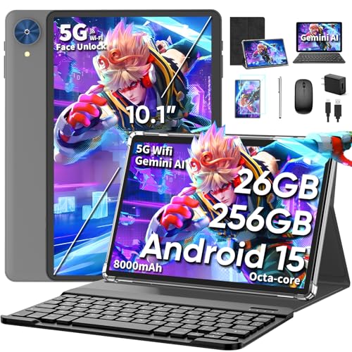 10 Inch Tablet, 2026 Android 15 Tablet with Keyboard, 26GB+256GB+2TB Expand, Tablets PC with Gemini AI, Octa-Core, 8000mAh, 5G WiFi, Widevine L1, GMS, 2 in 1 Tablets with Case, Mouse, Stylus (Black)