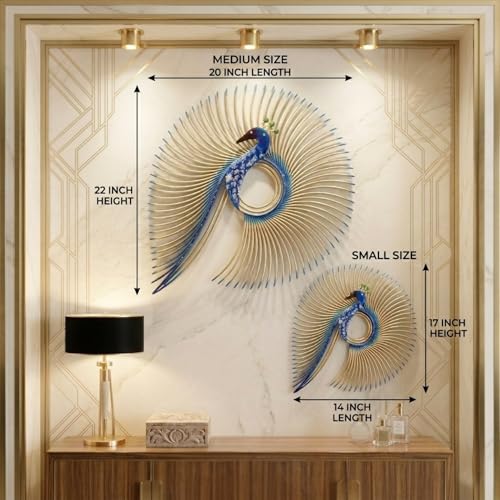 Image of SNS DECOR Alluring Metal Peacock Set of 2 Wall Art Decorations | Perfect 3D Wall Sculpture For Living Room, Bedroom, Drawing Room & Office-Blue Finish (Big-20x22inch, Small-14x17inch)