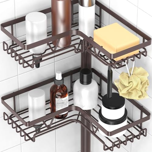 Image of KEGII Floor Corner Shower Caddy Standing, Rustproof 4-Tier Shower Shelf Organizer with Hooks & Soap Holder, Free-Standing Bathroom Storage Rack for Shampoo & Toiletries, Bronze