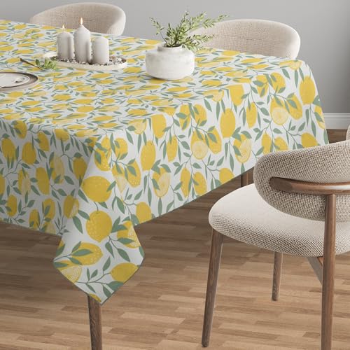 R home Lemon Print 56 x 56 Inch Table Cover for 4 Seater Dining Table | 100% Cotton Fabric | Premium Square Table Cloth | Washable, Reusable & Durable | Kitchen, Dining & Center Table Cover