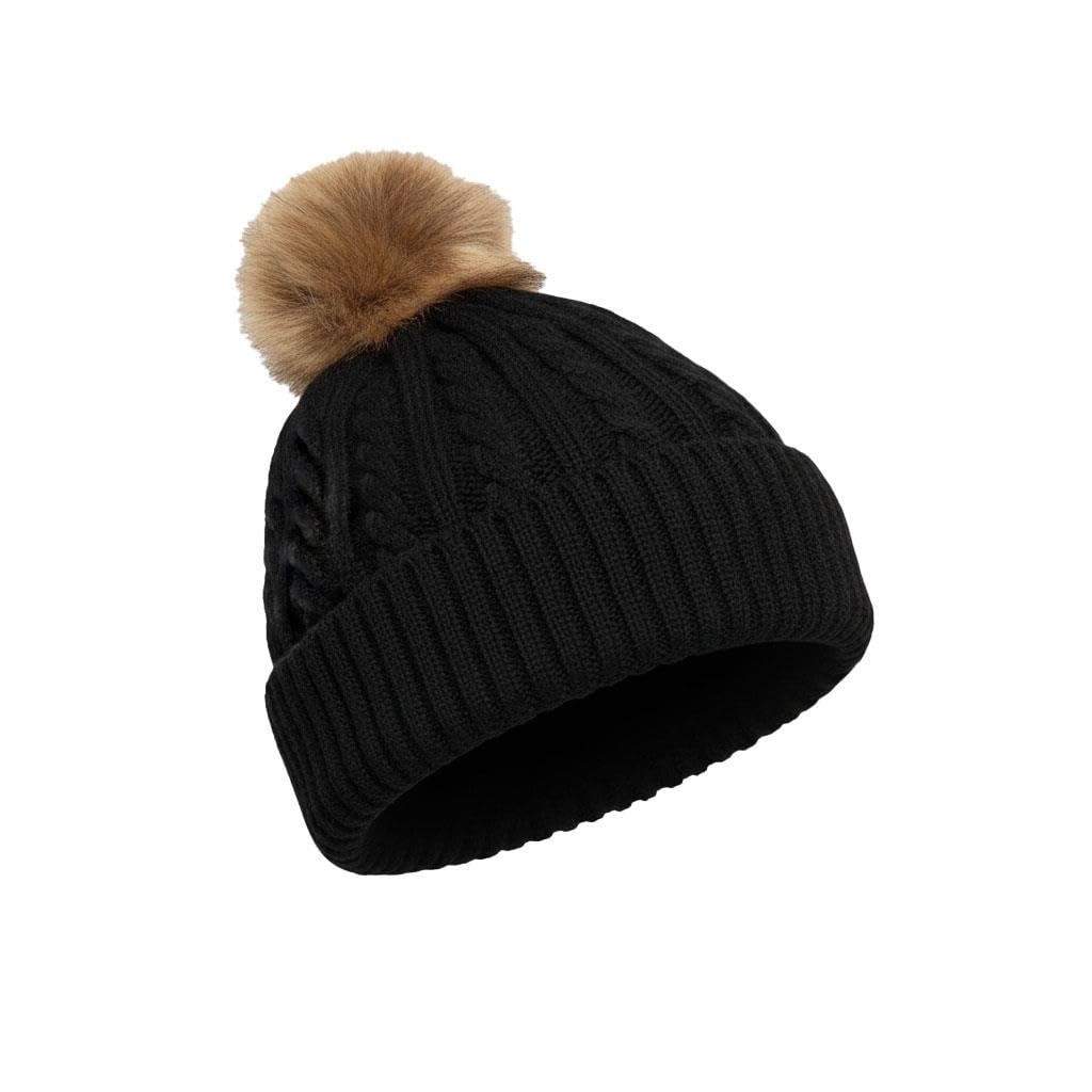 A2z Women's Black Hats Cable Knitted Bobble Faux Fur Pom Pom Beanie - Hat Lh838 One Size