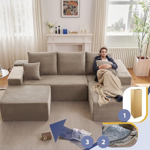 Image of 96 inch W Boneless Cloud Sectional Couch Modular Sofa with Ottoman