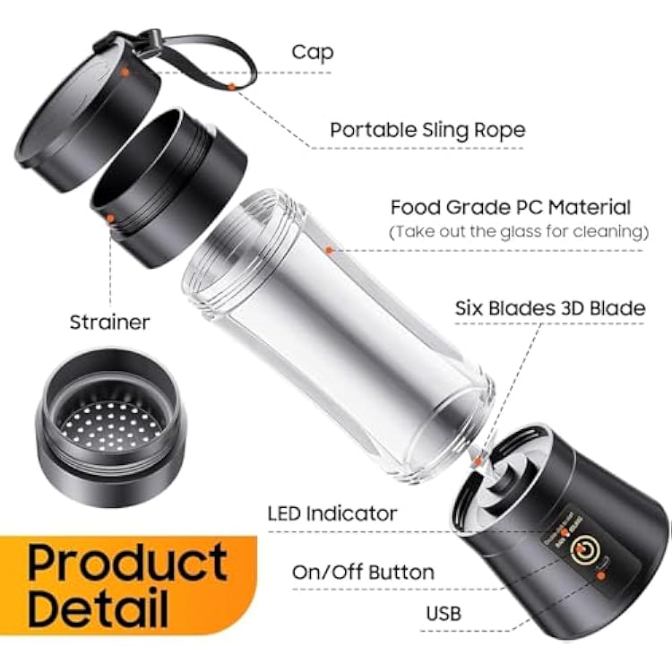 Portable Blender, Cordless Personal Smoothie Blender with USB Rechargeable & 6 Blades, Compact Mini Juicer Powerful Blending for Shakes/Fruits/Veggies/Travel/Home/Office/Gym/Camping