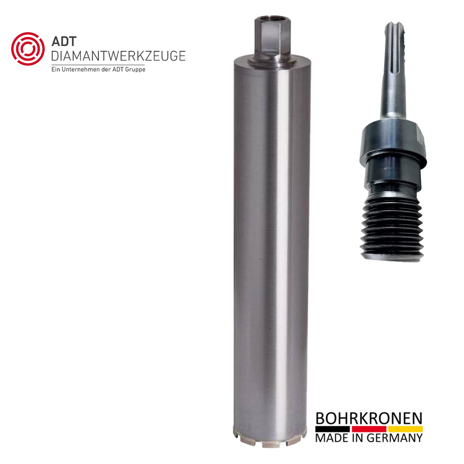 ADT DIAMANTWERKZEUGE | Diamantbohrkrone Economy Line para hormigón, ladrillo y mampostería, núcleo con segmento de techo de 9 mm y 500 mm de longitud útil | Ø 102 mm + SDS Max adaptador
