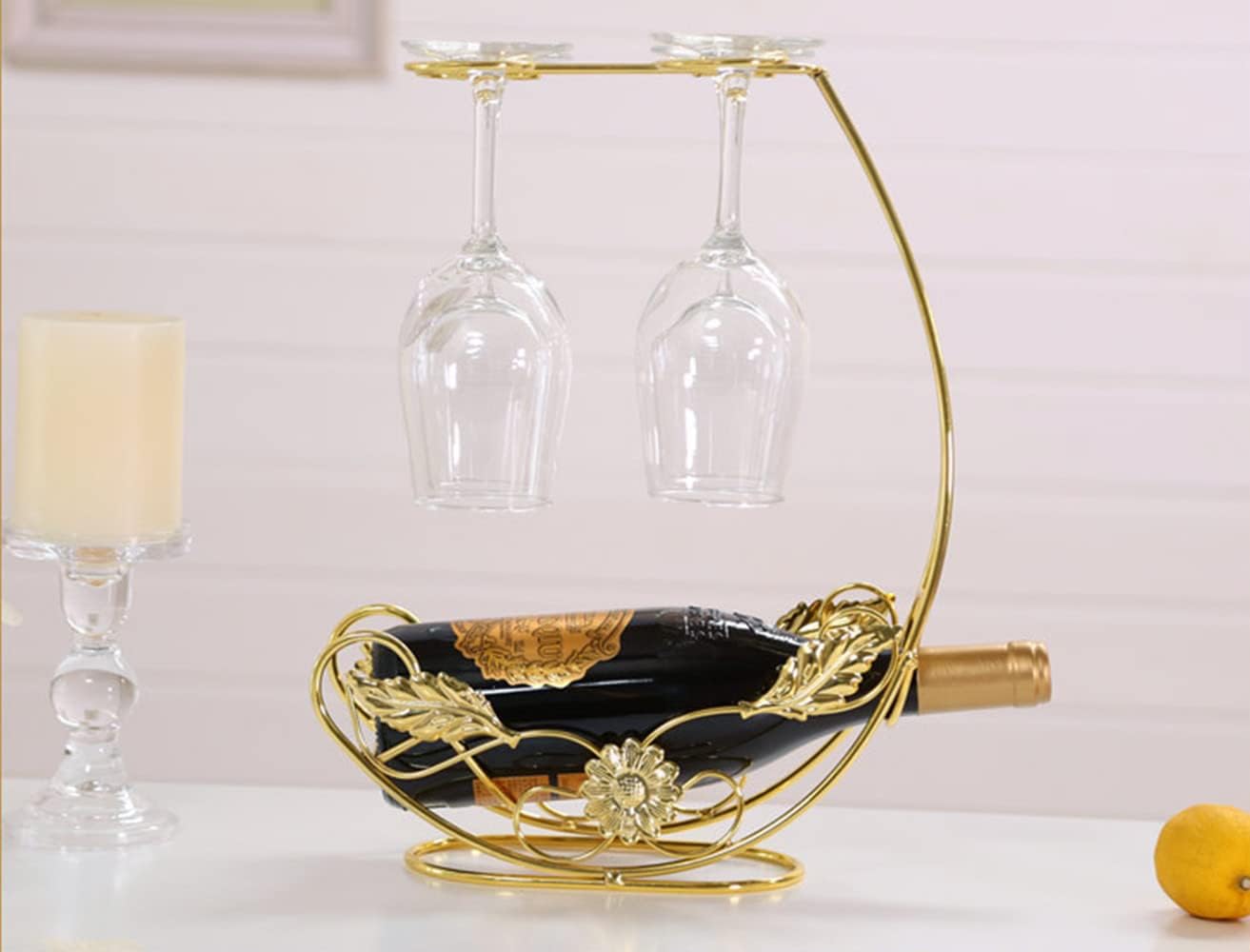 Tabletop Wine Rack - Metal Fine Forged Wine Glass Display Holder, Holds 1 Bottle and 4 Glasses, Gold