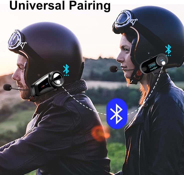 Two riders with FreedConn TCOM-SC units on their helmets, showing universal Bluetooth pairing.