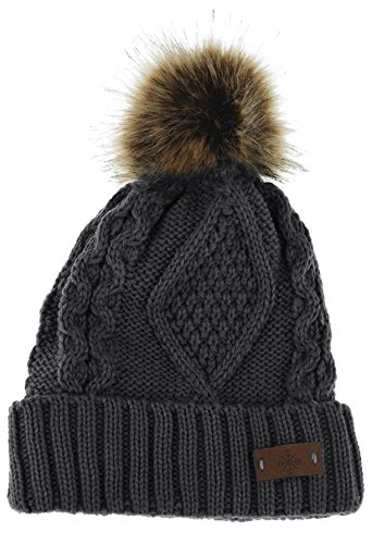 ANGELA & WILLIAM Women's Faux Fur Pom Pom Fleece Lined Knitted Slouchy Beanie Hat (Dark Gray)