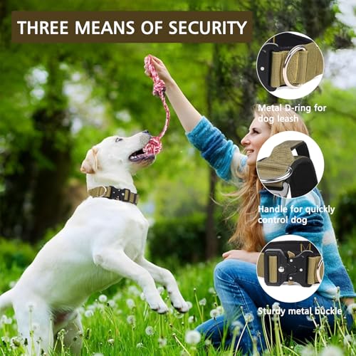 Ledeak Taktisches Hundehalsband mit Griff, Verstellbares Anti Zieh Breites Hunde Halsband Gepolstert, Dog Collar mit Metallschnalle erziehungshalsband für Hunde (Khaki, M)