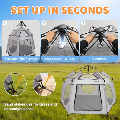 Image of Asweets 4 in 1 Pop Up Playpen Indoor and Outdoor Portable, Lightweight Baby Playpen with Travel Bag,Baby Beach Tent and Play Toddler Play Yard Canopy(Grey)
