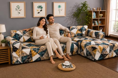 Image of Gifts Island Premium 160GSM Super Soft Antique Prism Stretchable Sofa Cover L Shape 5 Seater Fully Covered | Suitable for Both Left and Right Side Chaise Sofa (Antique Prism, 3+2 Seater)