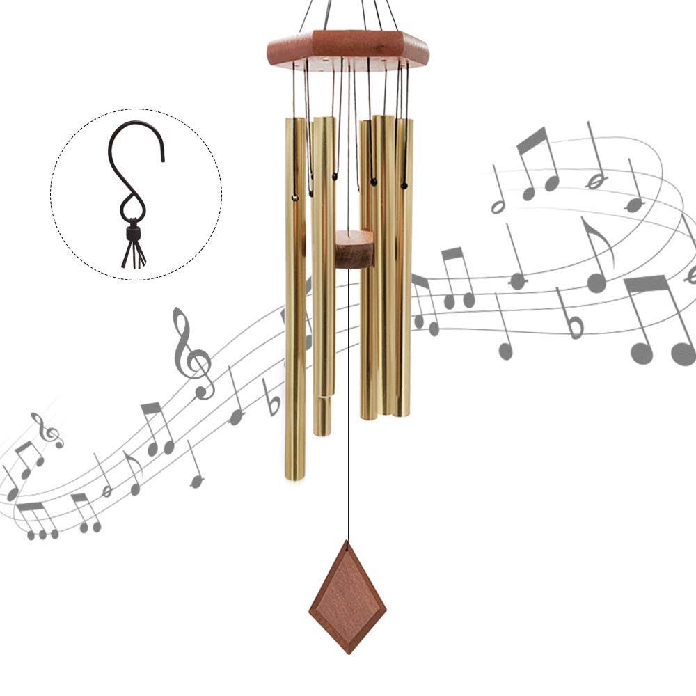 Wind Chimes Outdoors, 26” Medium Musical Deep Tone Wind Chime with 6 Aluminum Tuned Tubes, Soothing Sympathy Gift for Mother, Birthday, Garden, Patio, Home Decor Golden (with S Hook)