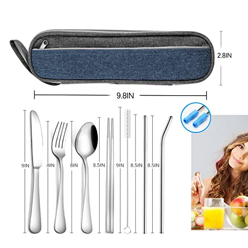 Portable Travel Utensils Silverware Set With Case,Reusable Trave Stainless Steel Camping Cutlery Set With Chopsticks And Straw, Portable Flatware With Case For Office School Picnic Bf(Silver) #TOP1