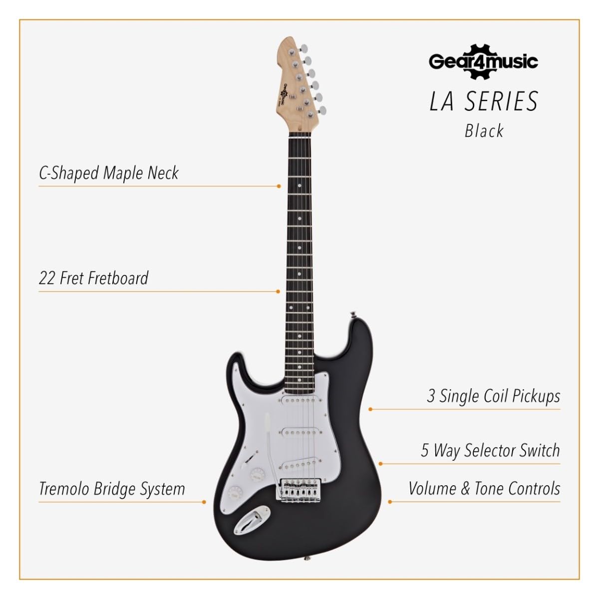 LA Left Handed Electric Guitar Black 10W Guitar Amp & Accessory Pack | For left-handed beginner guitarists comfortable lightweight body 2-band EQ amp with headphone output accessories include product thumbnail 4