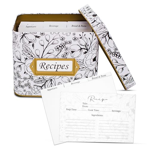 Recipe Box with Cards and Dividers | Recipe Card and Box Set with 12 Recipe Dividers | Farmhouse 50Pcs 4x6 Double Sided Recipe Cards with Decorative Tin Box | Best Gift for Grandma, Mom, & Bridal