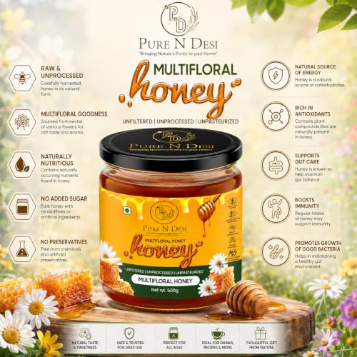 Image of PURE N DESI Multifloral Honey 500g | Raw Unfiltered Honey Glass Jar | Raw Multifloral Honey collected from diverse blossoms for a naturally rich floral taste.
