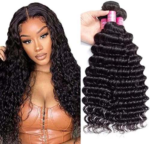 FQ Human Hair Deep Wave 3 Bundles 14 16 18 inch 10A Brazilian Virgin Human Hair Bundles Double Strong Weft Deep Wave Human Hair 3 Bundles Unprocessed Deep Curly Wave Human Hair Extensions Bundles Natural Black Color