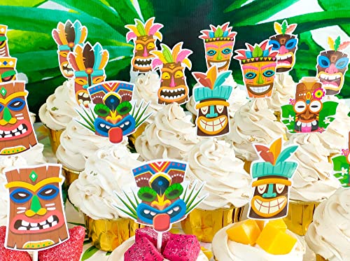 Hawaiian Tiki Cupcake Toppers 24Pcs Hawaii Luau Party Cake Cupcake Toppers Decorations For Tropical Hawaii Aloha Party Supplies #TOP6