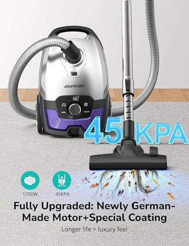Image of Aspiron Canister Vacuum, 1700W /45KPA Bagged Vacuum Cleaner for Home,5L Large Replaceable Dust Bag, No Mess Empty, Pet Friendly, Auto Cord Rewind, HEPA Filter, for Floor, Low Pile Carpet, Crack, Car