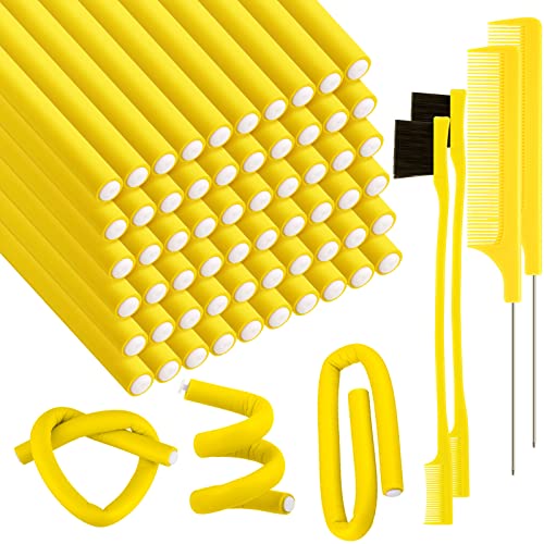 Waydress 64 Pieces Flexible Curling Rods Twist Foam Hair Curler Roller with Hair Edge Brush and Comb No Heat Rods Rollers Flexible Rod for Women Girl Long Medium Short(0.8 x 24 cm,Yellow)