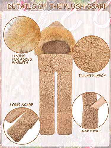 Syhood 2 Pieces Winter Warm Hooded Scarf Gloves Set 3 In 1 Soft Plush Thick Warm Hat Headscarf Furry Hat with Pocket for Women2