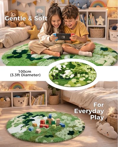 Tapete redondo musgo 100 cm verde con base antideslizante miniatura 6
