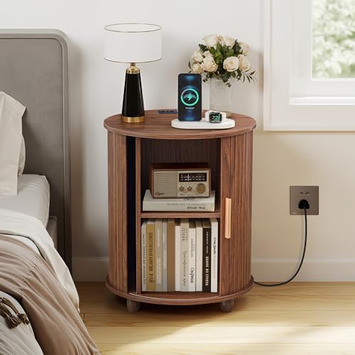 Image of 18 inch Fluted Round Nightstand with Charging Station,Mid Century Small Round Bed Side Table with Storage for Living Room, Walnut Color Wood End Table with Silding Door for Bedroom (1Pcs, Walnut))
