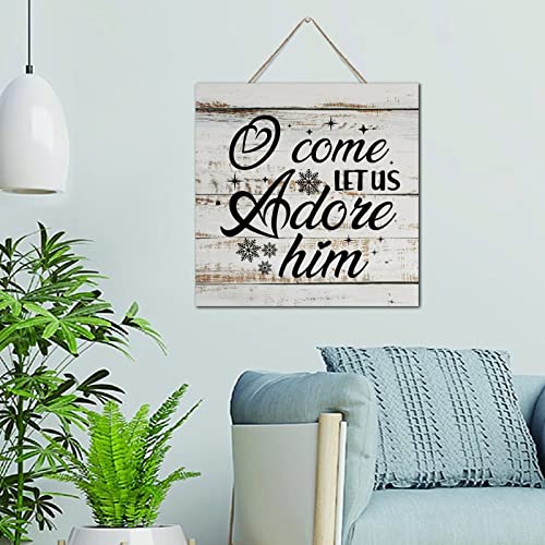 Plaque murale en bois O Come Let Us Adore Him antique 30x30 cm