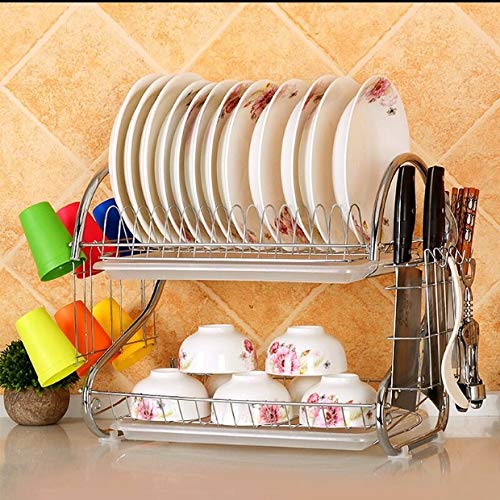 Set di scolapiatti a Forma di S Piatto in Acciaio Inossidabile Cromato a 2 Livelli Portaposate Portatazze con Vassoio Cestello di Scarico in Acciaio Scaffale da Cucina