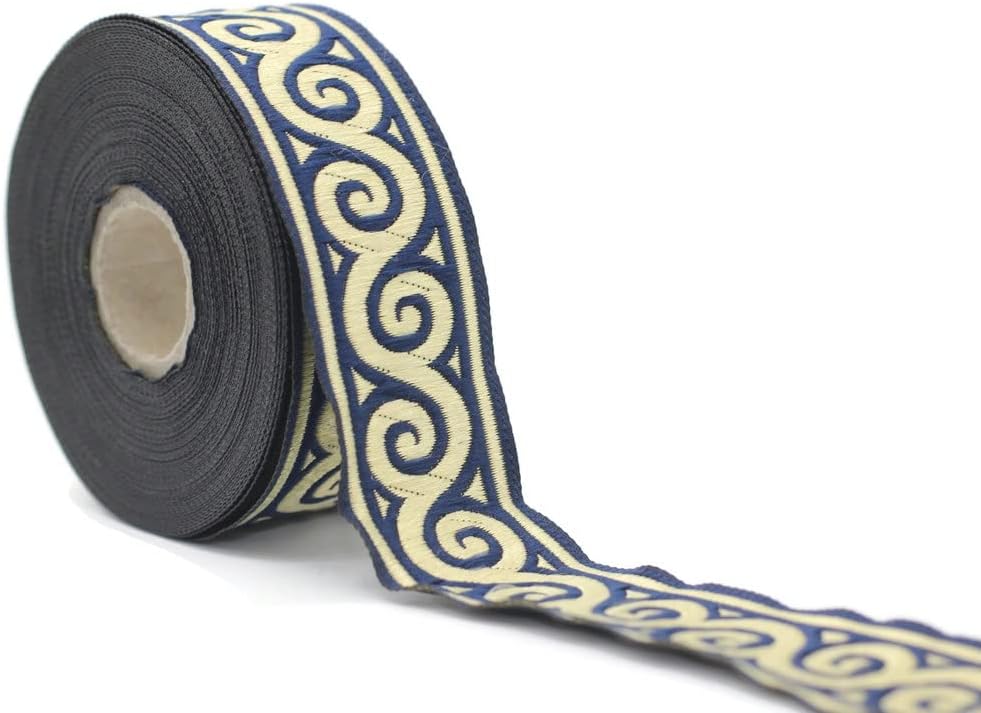 11 Yard Spool 1.37" Wide Dark Blue and Gold Elegance Woven Border Jacquard Ribbon Embroidered Sewing Trim Banding Tape 35061
