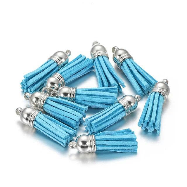 10/20/60pcs 38mm Vintage Leather Tassels Fringe Purl Macrame For DIY Jewelry Making Keychain Cellphone Strap Pendant Accessories-Blue-10pcs Silver Cap