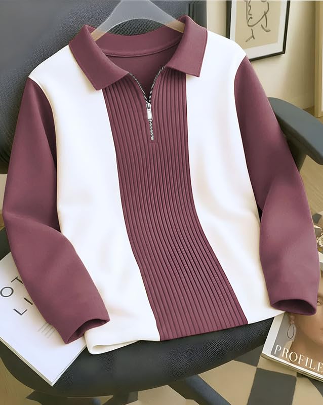 Image of T-Shirt for Men Zip Neck Texture Self Design Cotton Blend Mens Tshirts