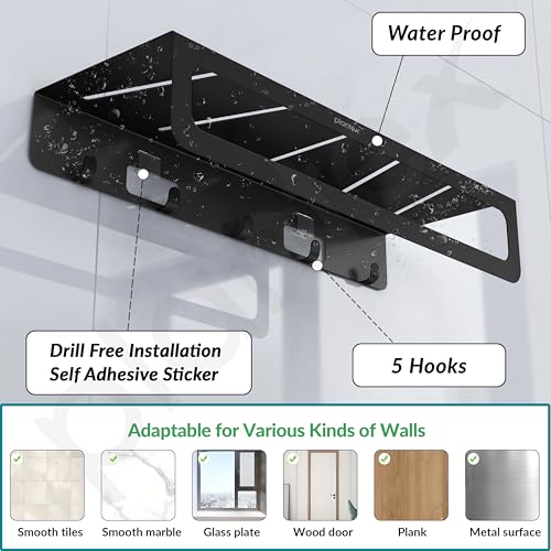Image of Plantex Alloy Steel No Drill Bathroom Organiser /Self Adhesive Wall Mount Multipurpose Shelf /Rack /Towel Rod /Hooks for Bathroom - Pack of 1 (15 x 5 Inch, Black)
