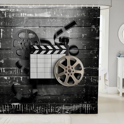 Movie Theme Shower Curtain,Vintage Photographic Film Waterproof Quick Dry Fabrics,Kids Teens Women Adult Cinema Scenes Bathroom Curtain Black Soft Bathtub Decor with 12 Hooks,72" Wx84 L