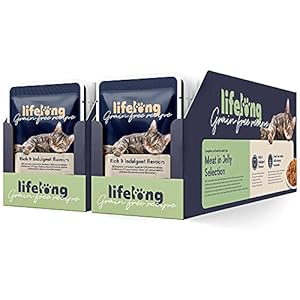 Marque Amazon – Lifelong Aliments Humides à vie Sans Céréales Pour Chats, Selection de Viande en Gelée 4.76kg, 56 lot de 85g