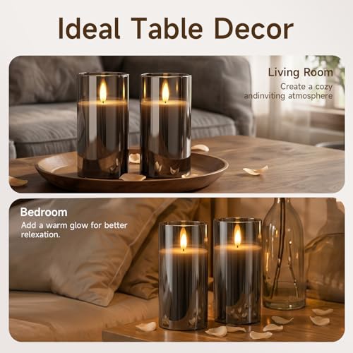 Image of Homemory Grey Glass Flameless Candles Battery Operated LED Pillar Candles with Remote and Timer, Real Wax Flickering Candles with 3D Wick for Home Wedding Holiday Decor, Set of 2, 3 inchx6 inch