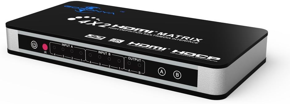 Goronya HDMI Matrix Switch 4x2, HDMI Splitter Switcher 4 Port in 2 Port out with Pptical Digital and R/L Stereo Analog Audio out Including Remote Controller Support 4K 1080P 3D