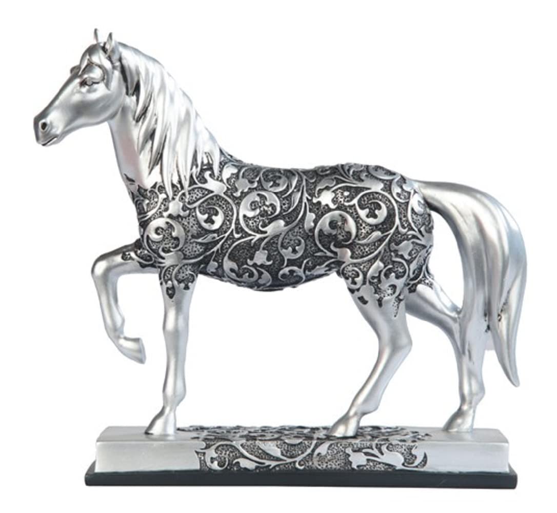 ICE ARMOR 8" W Decorative Craved Silver Horse Figurine with Base Office Desk/Home/Living Room/Table Decor, Perfect House Warming Gifts for New Home