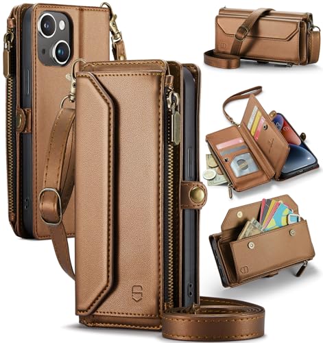 Strapurs Wallet Case Compatible with iPhone 13 RFID Blocking 7-Card Holder Soft PU Leather Magnetic Snap Shoulder Strap Zipper Pocket Phone Case Fit for iPhone 13 for Women 6.1
