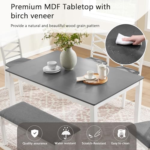 Image of Harper & Bright Designs 6-Piece Dining Set for 6, Modern Wood Kitchen Table Set with Upholstered Chairs and Bench, Space-Saving 58.5 inch Table for Dining Room, Kitchen, or Living Space
