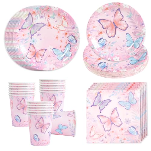 Loiça de Festa de Borboleta - 96 Peças Loiça de Aniversário Borboletas Rosa Incluir Pratos, Copos, Guardanapos, Pratos Descartáveis para Decoração de Festa Temática de Aniversário Borboleta para