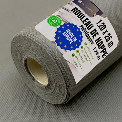 NATUARTE, Rouleau de Nappe, 1.20m x 25m, Nappe Intissè, PRÉDÉCOUPE Tous Les 1,20m, Jetable, Effet Tissu, Célébrations Anniversaires, Couleur Gris 1,20x25m