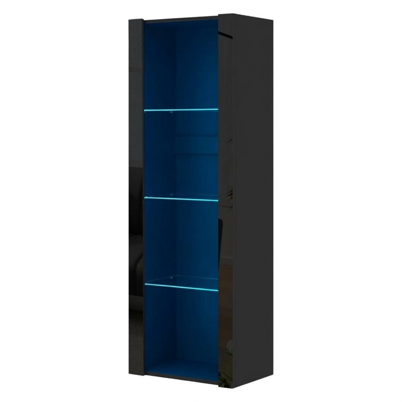 Panana LED Tall Display Cabinet with Glass Shelf Modern Sideboard Cupboard Unit for Living Room Bedroom Furniture (Black Matt Body & Black High Gloss Fronts)