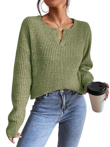 RICHSTORY Womens Sweaters Casual Drop Shoulder Long Sleeve Pullover Tops Loose fit V Neck Lightweight Knit Sweater Shirt Trendy Fall Fashion Clothes 2025 Green S