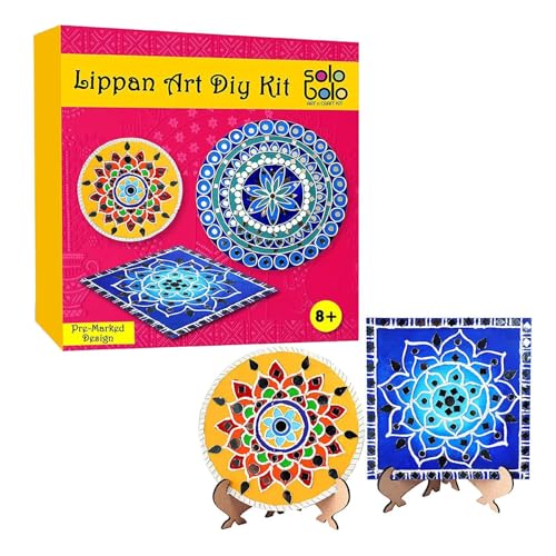 Image of SOLOBOLO Lippan Art and Craft Materials Kit for Adults and Beginners, Premarked MDF Board Warli Art Painting DIY Kit with Stands for Room Wall Hanging, Office and Home Decoration (a) Beginner)