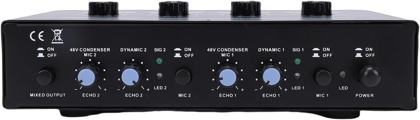 Jiawu Phantoms Power Supply, 50dB Gain 2 Channel Power Supply Microphone Mixer Amplifier with Independent Knobs Dual Reverb Output for Music Recording Live Streaming