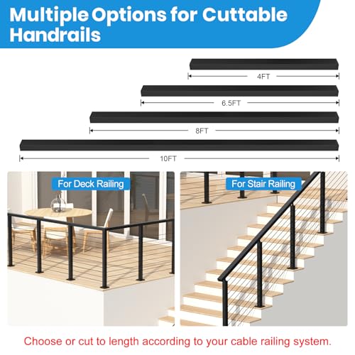 RailinGo 8FT Rectangular Cable Railing Handrail, Black Stainless Steel Handrail with Nylon End Caps for Deck Stair Railing System, 8\' Flat Top Cuttable Deck Cable Rail Post System, RG01-H